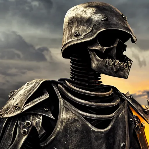 Image similar to a skeleton knight in black full plate armor with a black cape billowing in the wind standing on the battlefield surrounded by bodies, golden hour, shallow depth of field, moody lighting, 8 k, concept art,