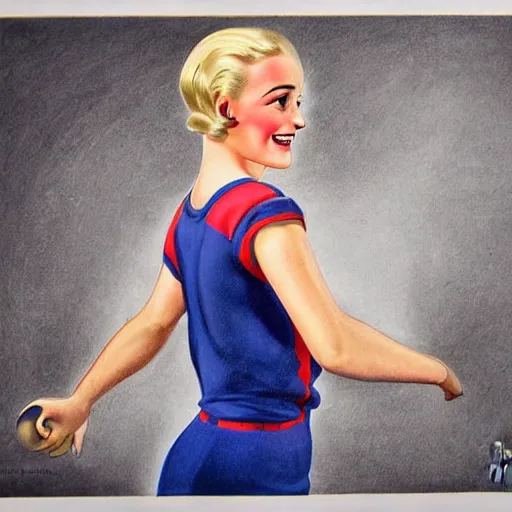 Prompt: a 1 9 3 0 s color portrait. happy, healthy, beautiful, smiling, young, sporty, blonde, blue - eyed woman in decent athletic wear. hyper - realistic detailed drawing