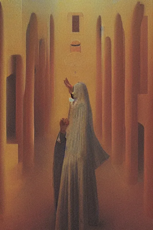 Image similar to an orthodox patriarch in a very tall russian temple, in style of Zdzislaw Beksinski,