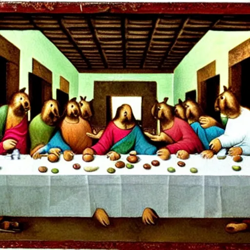 Image similar to anthropomorphic guinea pigs in the last supper