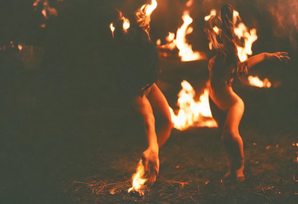 Prompt: lomo photo of young woman dancing and writhing in ecstasy around a fire as the dark ritual begins, cinestill, bokeh, out of focus