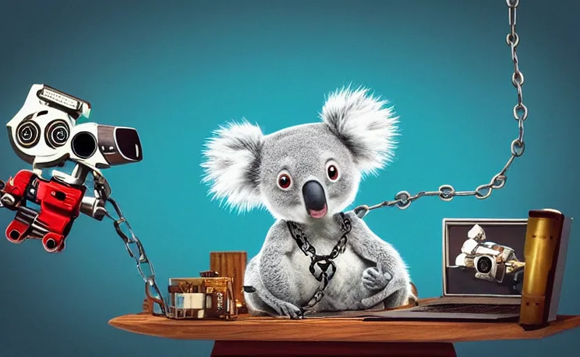 Image similar to “ cute koala with very big eyes, wearing a bandana and chain, holding a laser gun, standing on a desk, digital art, award winning, in the style of the movie madagascar ”