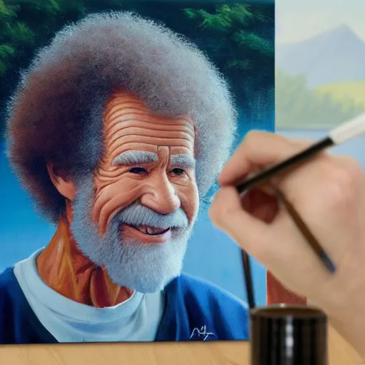 Image similar to a closeup photorealistic photograph of bob ross working on a canvas painting of mickey mouse. film still. brightly lit scene. mountains and trees. this 4 k hd image is trending on artstation, featured on behance, well - rendered, extra crisp, features intricate detail, epic composition and the style of unreal engine.