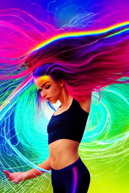 Image similar to a award winning half body portrait of a beautiful woman with stunning eyes in a croptop and leggings with reinbow colored ombre hairstyle head in motion and hair flying while dancing by thomas danthony, surrounded by whirling illuminated lines, outrun, vaporware, shaded flat illustration, digital art, trending on artstation, highly detailed, fine detail, intricate