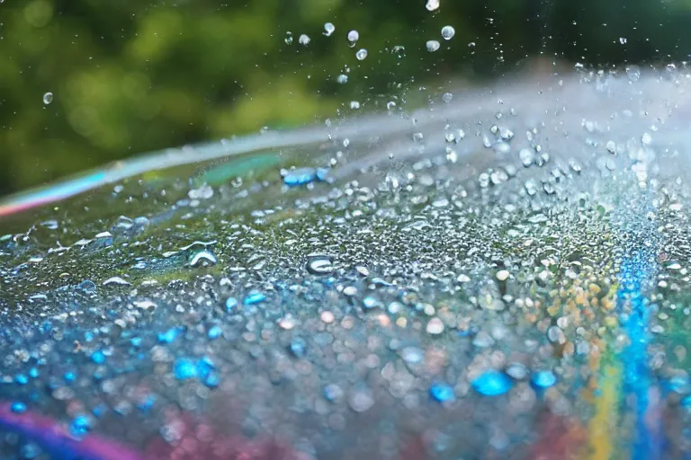 Prompt: Rainbow water dripping down a windshield