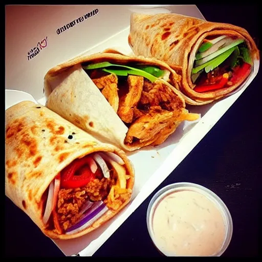 Image similar to a saucy [ chicken wrap ]! served in a tray of a [ fast food ], instagram food, hyperdetailed