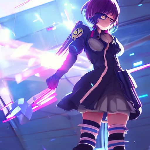 Prompt: anime girl as a general jumping at a enemy mecha, cyberpunk anime art, full body shot, lens flare, trending on artstation, award - winning