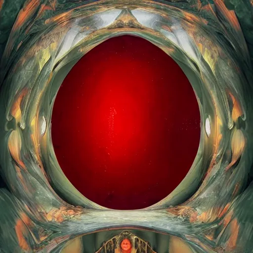 Prompt: Lydia Bielen full body laying in a blood red pool of water between a golden mirror frame, outside is space and inside the mirror frame is a beautiful landscape., physically accurate, dynamic lighting, intricate, elegant, highly detailed, digital painting, artstation, HR GIGER, Hieronymus Bosch, Francis Bacon, concept art, smooth, sharp focus, illustration, art by artgerm and greg rutkowski and alphonse mucha