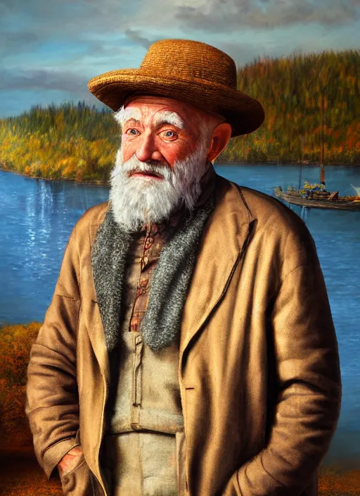 Image similar to realistic renderings portrait of very old fisher man portrait with a hat, port scene background, astonishing scenes, detailed, photorealism, volumetric lighting, autumn lights colors