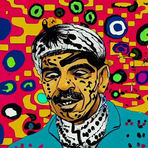 Image similar to omar souleyman in the style of daniel johnston and outsider art, 4k, overlaid with arabic text