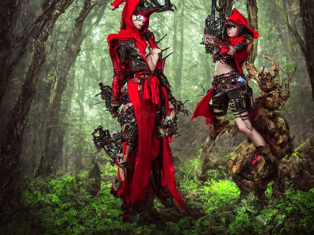 Image similar to mystical monsters in forest hunting on gamekeeper - red ridding hood. she wearing a steampunk and neonpunk mechanical fluorescent mystical animal masks. realistic fornite style. full body. product introduction photos. luminescent, elements, by stanley artgerm lau. epic cinematic shot, perfectly defined features, ambient occlusion