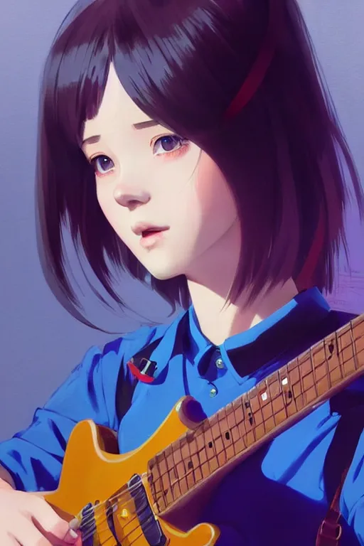 Image similar to a cute girl wearing school uniform playing electric guitar | | really good looking face!!, realistic shaded perfect face, fine details, anime, realistic shaded lighting poster by ilya kuvshinov katsuhiro otomo ghost - in - the - shell, magali villeneuve, artgerm, jeremy lipkin and michael garmash and rob reyt