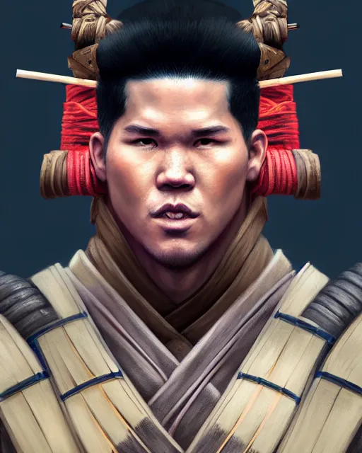 Prompt: face portrait of devin booker as a muscular ronin samurai, wearing a haori, by wlop and peter mohrbacher, dramatic action pose, extremely detailed shading, concept art, digital painting, trending on artstation, unreal engine 5, octane render, atmosphere, glow, cinematic lighting, full of color