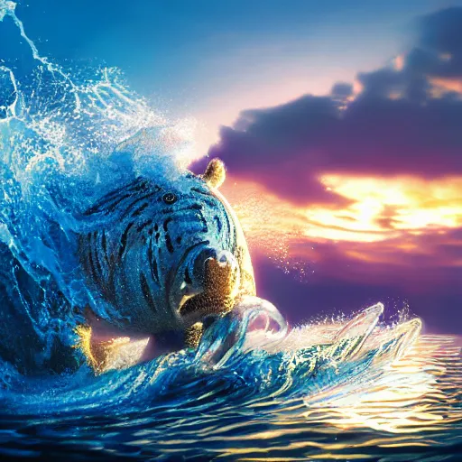 Prompt: a closeup photorealistic photograph of a cute smiling knitted tiger hippopotamus riding a large wave at sunset. surf in background. professional capture. brightly lit scene. this 4 k hd image is trending on artstation, featured on behance, well - rendered, extra crisp, features intricate detail, epic composition and the style of unreal engine.