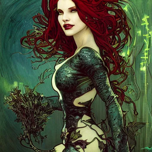 Image similar to a beautiful painting of poison ivy as a cyberpunk time traveler, dark eyeliner, intricate, elegant, highly detailed, digital painting, artstation, concept art, matte, sharp focus, illustration, art by rebecca guay and by arthur rackham and by alphonse mucha and by john william waterhouse