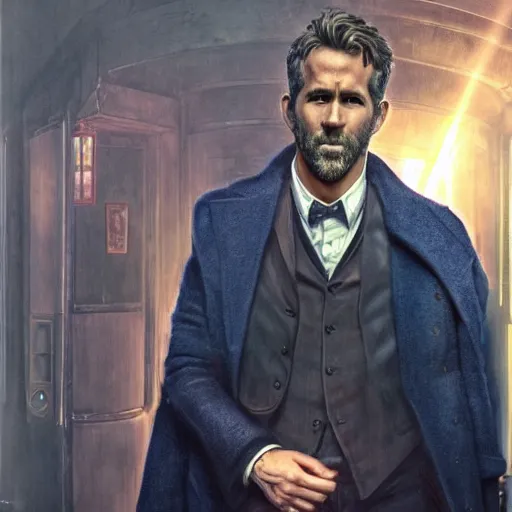 Prompt: ryan reynolds as a rough dirty old man with a scruffy beard in a dark blue trenchcoat as the new doctor who, cinematic, volumetric lighting, f 8 aperture, cinematic eastman 5 3 8 4 film, photorealistic by greg rutkowski, by stanley artgerm, by alphonse mucha