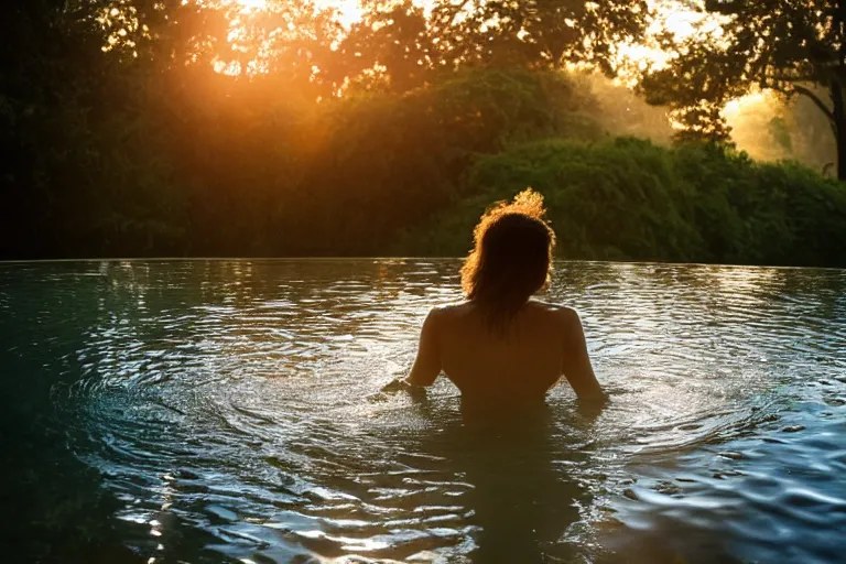 Prompt: a beautiful woman bathing in a serene forest pool, silhouetted against the setting sun