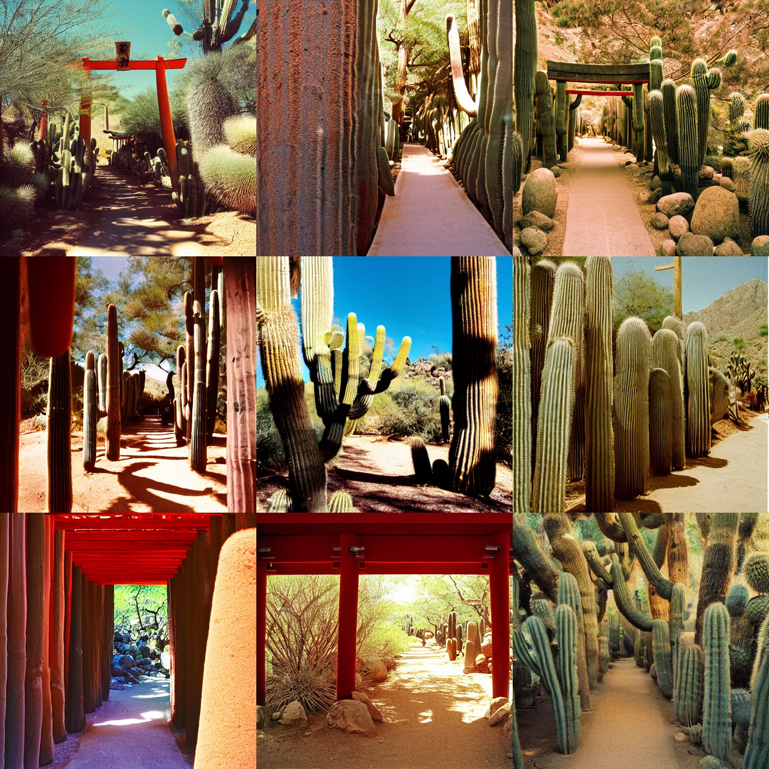 Prompt: kasuga taisha shrine torii alley in the desert southwest, small saguaro cactus visible, late morning, kodak gold 200, film grain, perspective correction, depth of field