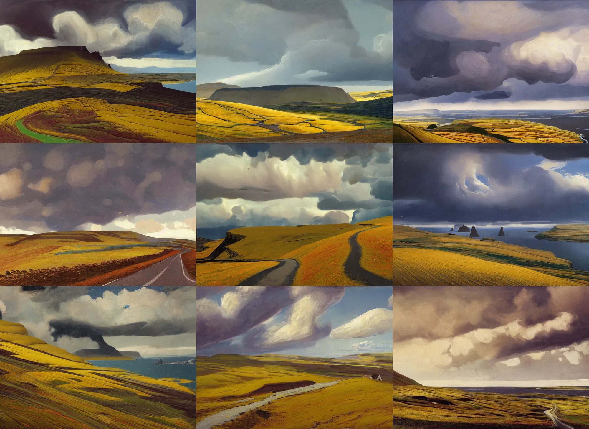 Prompt: painting of landscape of faroe island, iceland and norway, road between hills, surreal sky, environmental conept art, thunder clouds, sunset, forest, autumn, blossom wheat fields, river, pastoral, from a bird's eye view, unsaturated and dark atmosphere artwork by isaac levitan and alfred joseph casson and georgy nissky and nikolay dubovskoy and colley whisson