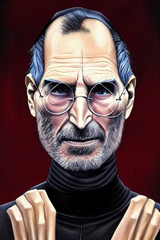 Image similar to evil steve jobs sorcerer in his late nineties. stately and dour in his expression. eyeliner accentuates his sunken eyes. a high black turtleneck covers his thin neck. opulent white golden red robe, gold decoration, sharp focus, digital painting, illustration, art by magali villeneuve