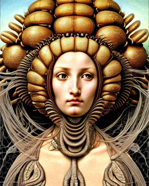 Image similar to hyperrealistic detailed face portrait of the beautiful goddess of the giant isopods with an intricate golden ornamental geometrical fractal giant isopod masked headdress, art by ernst haeckel, john william godward, android jones, h. r. giger, gothic - cyberpunk, ornamental, dimmed pastel colours,