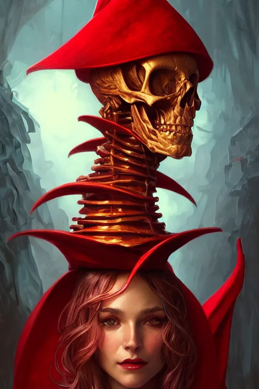 Image similar to Portrait of red skeleton with a wizard hat on his head, D&D, face, fantasy, intricate, elegant, highly detailed, digital painting, artstation, concept art, smooth, sharp focus, illustration, art by artgerm and greg rutkowski and alphonse mucha