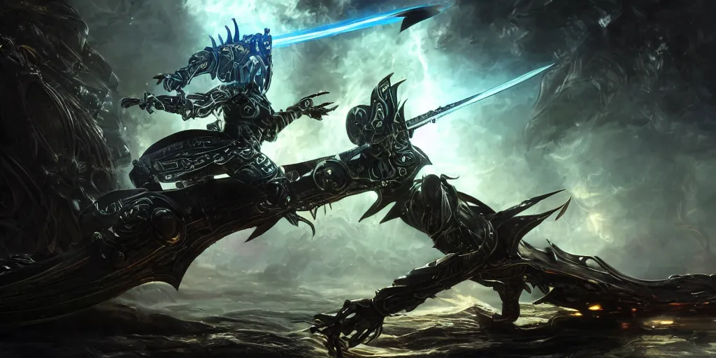 Image similar to legendary cybernetic full long sharp sword lying flat on a glowing table with a black and iridescent sword blade, digital award winning hd matte painting, intimate dark moody, intricate, ornate spikes, colorful gems on hilt, detailed realistic raytraced blade, future golden technological pommel, in the style of greg rutkowski and krenz cushart, deviantart