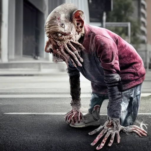 Prompt: an ultra realistic 8 k hdr photo of an elderly haggered raggedy zombie sniffing a rat on a city street