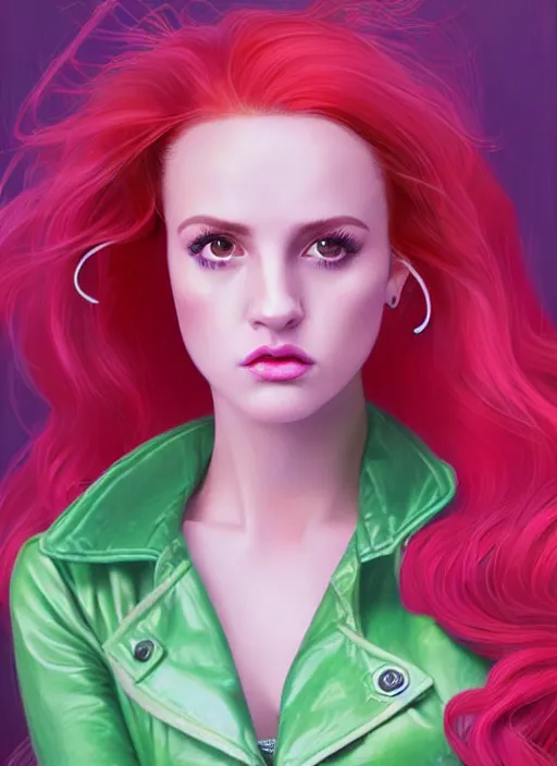 Image similar to full body portrait of teenage cheryl blossom, bangs, green eyes, sultry expression, red hair, sultry smirk, bangs and wavy hair, pink skirt, bangs, intricate, elegant, glowing lights, highly detailed, digital painting, artstation, concept art, smooth, sharp focus, illustration, art by wlop, mars ravelo and greg rutkowski