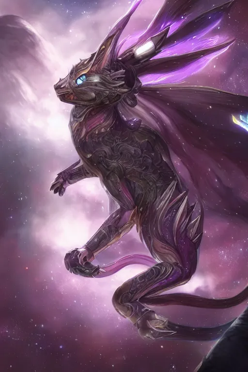 Image similar to galactic hyperdetailed elegant beautiful stunning giantess anthropomorphic munchkin cat cute female cat goddess, fluffy fur, sharp metal crest, bigger than galaxy, epic proportions, epic scale, epic size, warframe destiny fanart, furry, dragon art, goddess, giantess, furaffinity, octane render