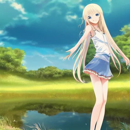 Image similar to a very beautiful anime cute girl, full body, long wavy blond hair, sky blue eyes, full round face, short smile, fancy top, miniskirt, summer lake setting, medium shot, mid-shot, highly detailed, cinematic wallpaper by Stanley Artgerm Lau