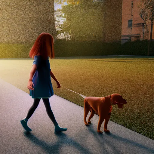 Prompt: Full lenght view contamporary art photography of ultra mega super hyper realistic girl walking with a dog . Photo on Leica Q2 Camera, Rendered in VRAY and DaVinci Resolve and MAXWELL and LUMION 3D, Volumetric natural light