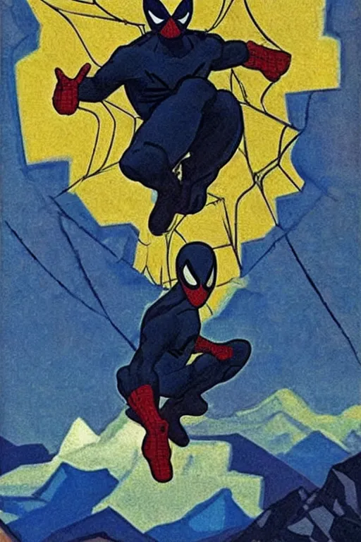 Image similar to spiderman stay on mountain, marvel, artwork by nicholas roerich,