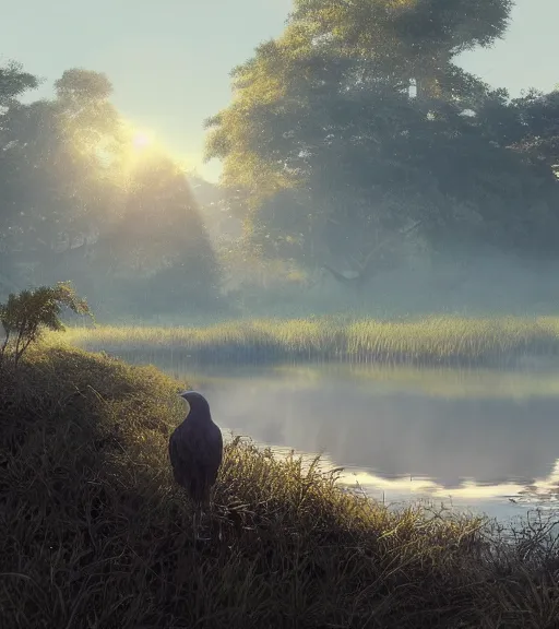 Image similar to three crows in a little boat in a swamp, volumetric lighting, fog, majestic light, octane render, ethereal glare of the sun, hyperrealistic, epic, masterpiece, by makoto shinkai