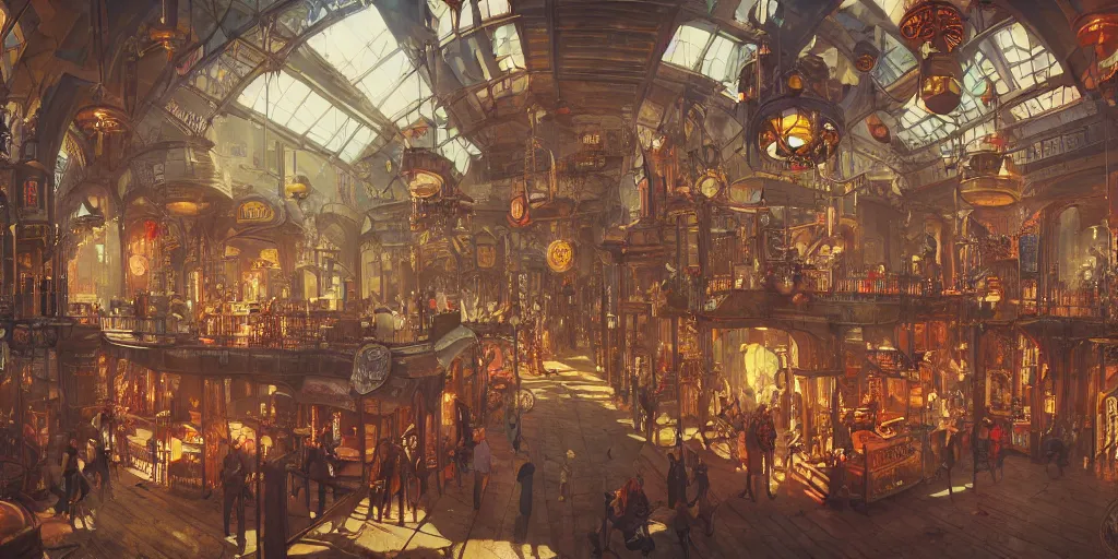 Image similar to steampunk mall interior, colorful, 3 d scene, render, greg rutkowski, zabrocki, karlkka, jayison devadas, trending on artstation, 8 k, ultra wide angle, zenith view, pincushion lens effect