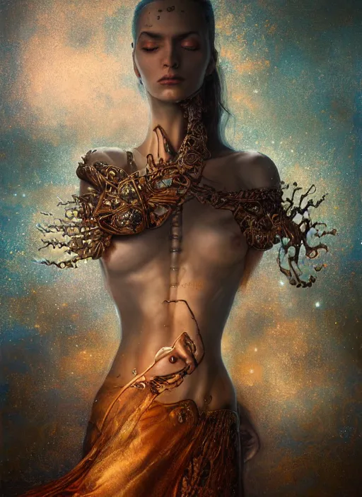 Image similar to epic portrait of menacing and anxious yet stunningly beautiful biomechanical djinn overseeing the iridescent fabric of the universe, by charlie bowater, mandy jurgens, gustav klimt, octane render, dramatic camera angle, 4k, 8k, high detail, HDR, by tom bagshaw, powerful, with inspiration from Beksinski, inspired by greek goddess Athena