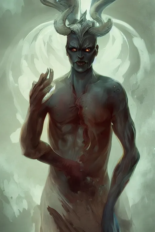 Image similar to djinn man male demon, portrait, full body character concept art, costume design, illustration, symmetrical face and body, single face, cinematic color grading, editorial photo, fashion, hyperrealism, trending on artstation, Charlie Bowater, WLOP