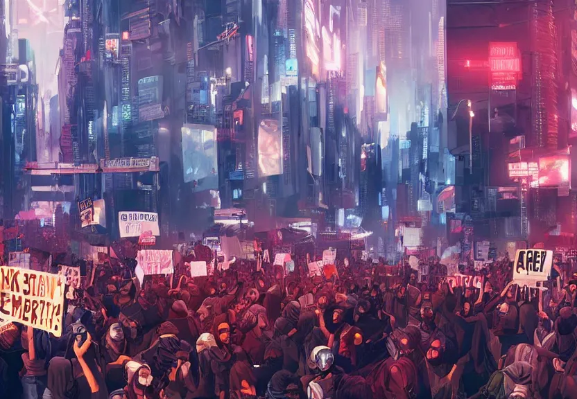 Prompt: angry protesters holding placards, digital illustration by greg rutkowski, android netrunner, cyberpunk city background, colored lighting