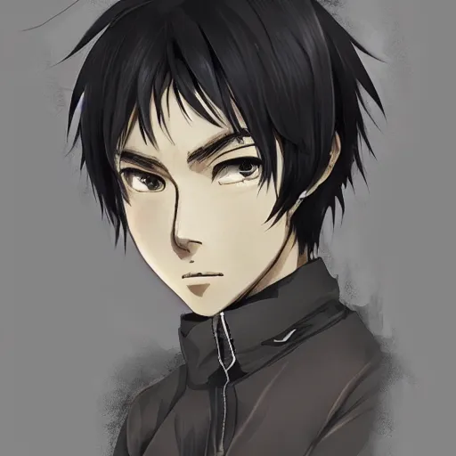 Image similar to anime portrait of a man by shin'ichiro watanabe, he is about 3 0 years old, short black hair with bangs, his features are a mix between french, turkish and russian and he is wearing a beige and black utility jumpsuit, highly detailed portrait, digital painting, artstation, concept art, smooth, sharp foccus ilustration, artstation hq