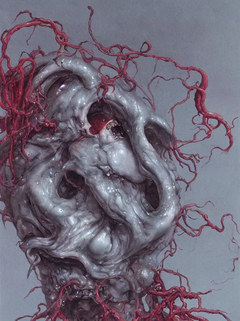 Image similar to painting by wayne barlowe of a flying sorrowful looking severed human head with tears running down it's eyes, face that is chalk white in color, with long sprawling white tentacles stemming down it's neck, fiery scorching red eyes, flying in a terrying hellish dark cavernous place