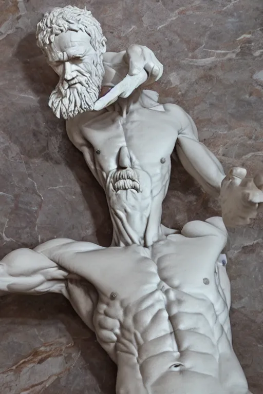 Prompt: epic and dramatic view of unfinished man sculpting himself statue made in tannish polished marble, realistic and ultra detailed by bernini, 8 k