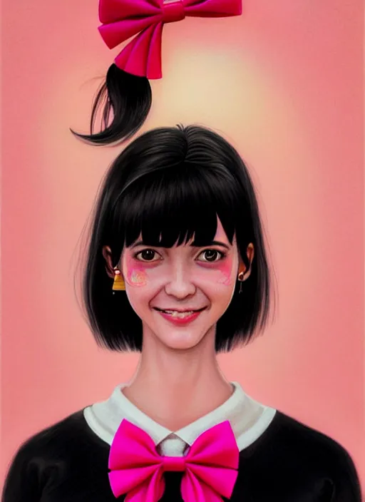 Image similar to portrait of high school girl, realistic, black hair, bangs, half updo hairstyle, pointy nose, skinny, smile, ugly, defined jawline, big chin, pink hair bow, earrings, intricate, elegant, glowing lights, highly detailed, digital painting, artstation, sharp focus, illustration, art by wlop, mars ravelo and greg rutkowski