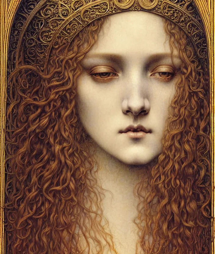 Image similar to detailed realistic beautiful young medieval queen face portrait by jean delville, gustave dore and marco mazzoni, art nouveau, symbolist, visionary, gothic, pre - raphaelite. horizontal symmetry