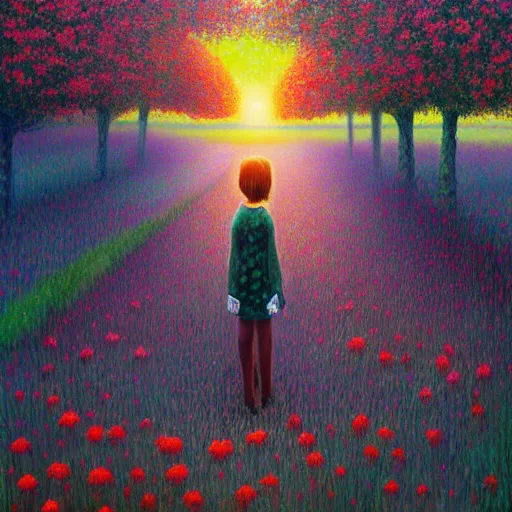 Prompt: girl with head made of flower, standing in a flower field, big trees, sunrise dramatic light, impressionist painting, colorful clouds, digital painting, pointillism, artstation, simon stalenhag