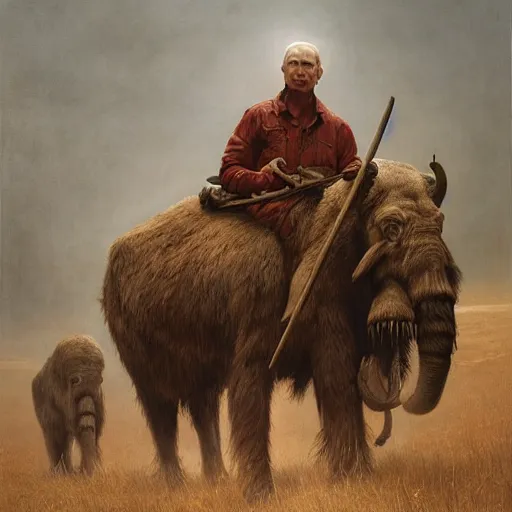 Image similar to vladimir putin, is unga bunga, mammoth hunting, macabre, by donato giancola and greg rutkowski and wayne barlow and zdzisław beksinski, realistic face, digital art