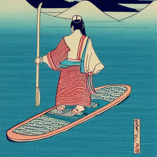 Image similar to girl stand up paddle board sup, woodblock print, style of hokusai, fine art, style of kanagawa, painting