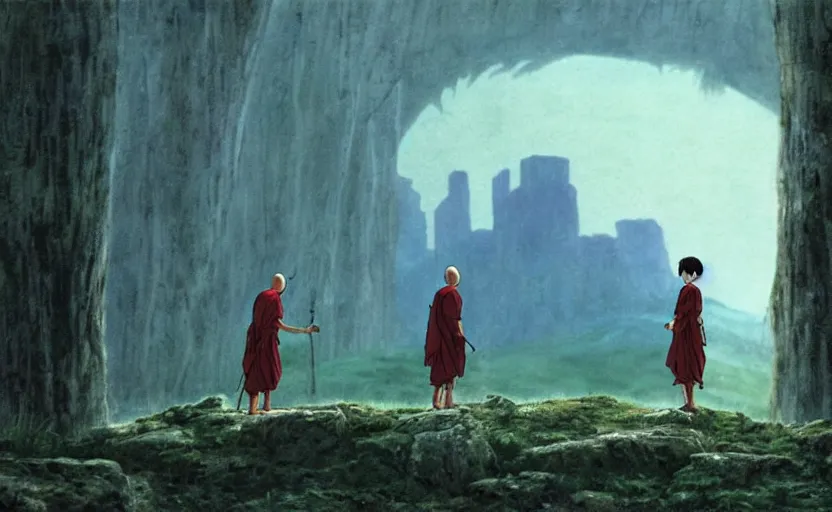 Image similar to movie still from princess mononoke ( 1 9 9 7 ) showing a highly detailed landscape with two monks praying with stonehenge in the background 1 9 8 0 s science fiction, 1 9 7 0 s science fiction, cyberpunk, moody, misty, depth perception, 4 k, artstation