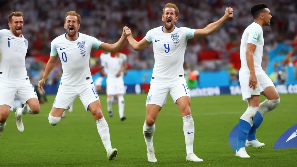 Image similar to Harry Kane wins the World Cup for England and lifts the Jules Rimet trophy. Harry Kane wears a white England football shirt with three lions on the badge