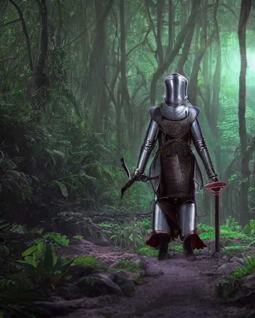 Prompt: a strong knight walking towards an ominous goddess in a densely overgrown, eerie jungle, fantasy, stopped in time, dreamlike light incidence, ultra realistic