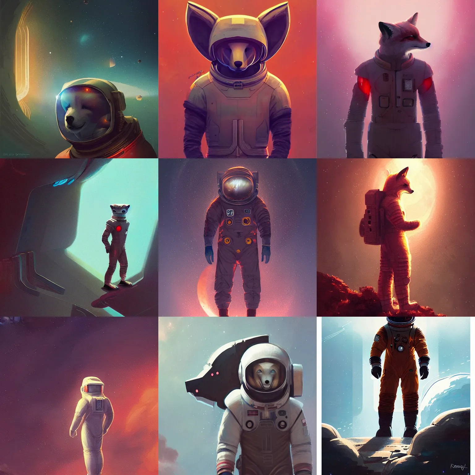 Prompt: retro futuristic fox shaped astronaut by rossdraws and greg rutkowski, detailed, midjourney, dark fantasy, moody, rich colors, post-processing, 2001 a space odyssey